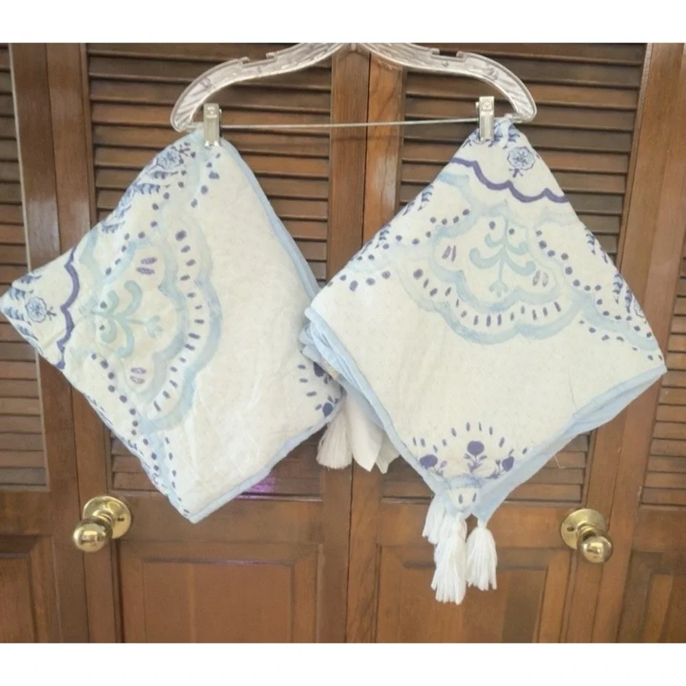PB Teen Euro Pillow Shams Pair 26x26 Blue White Medallion Tassel Boho